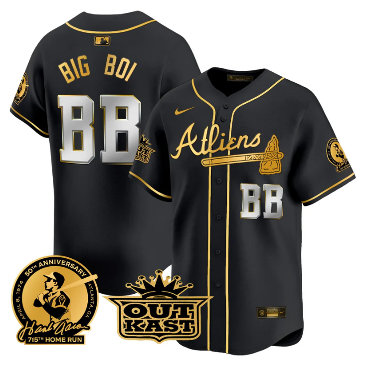 Big Boi Jersey #BB Atlanta Braves Atliens Hank Aaron Patch Limited Stitched Black Gold