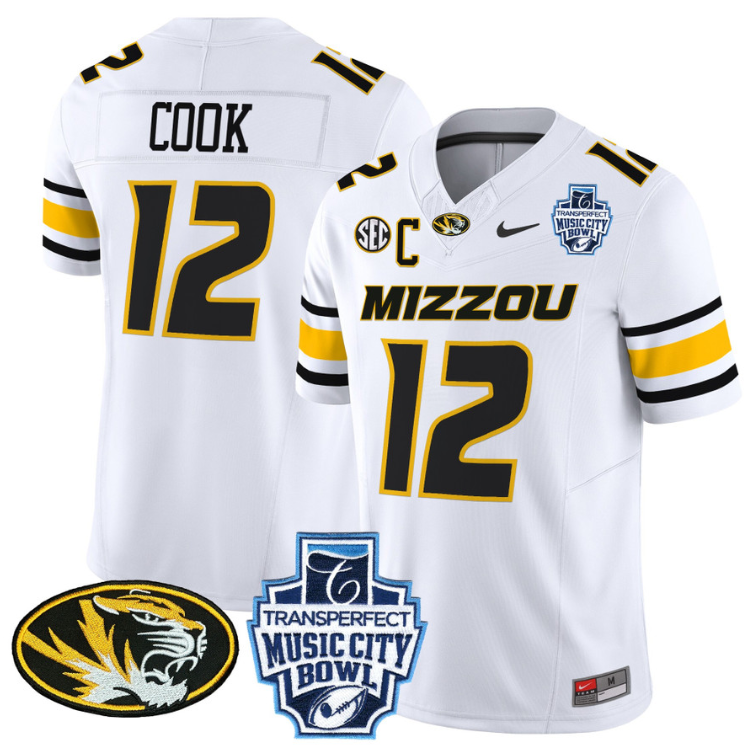 Brady Cook Jersey #12 Missouri Tigers 2024 Music City Bowl White