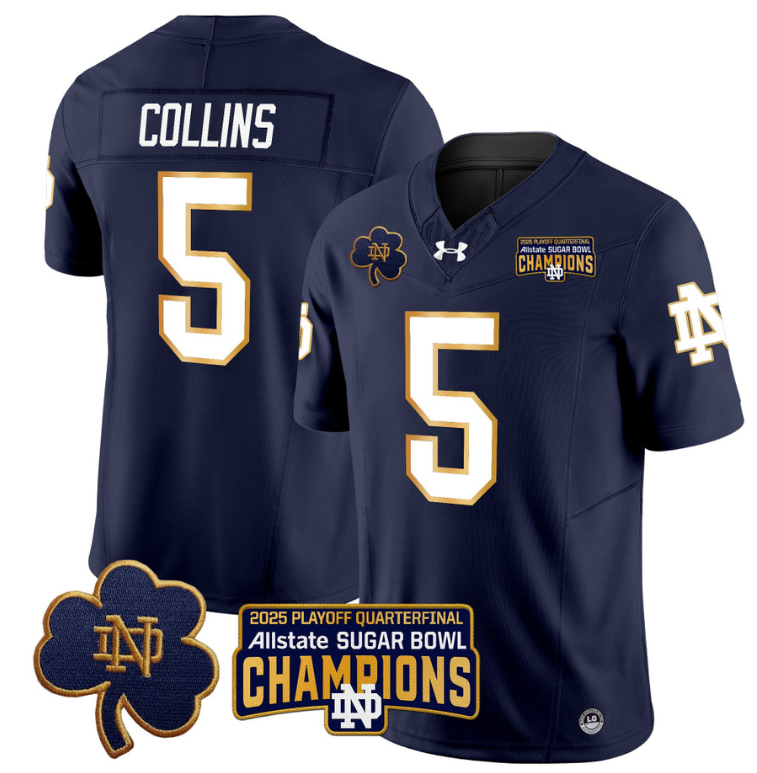 Beaux Collins Jersey #5 Notre Dame 2025 Sugar Bowl Champions Patch Navy