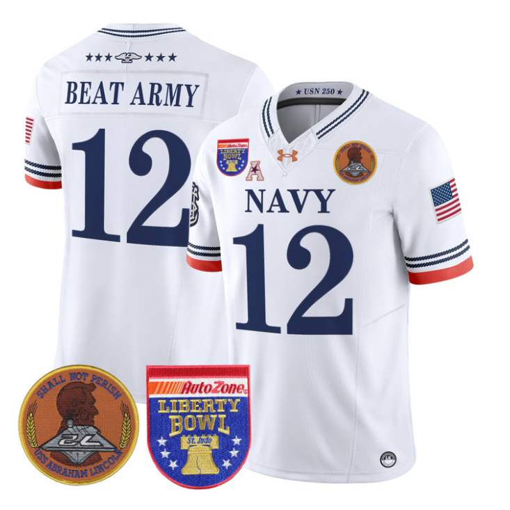 Beat Army Jersey #12 Navy Midshipmen 250th 2026 Liberty Bowl Stitched White