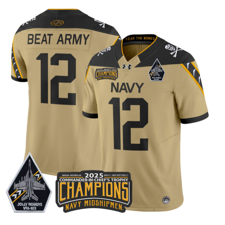 Beat Army Jersey #12 Navy Midshipmen Jolly Rogers 2025 Trophy Stitched Gold