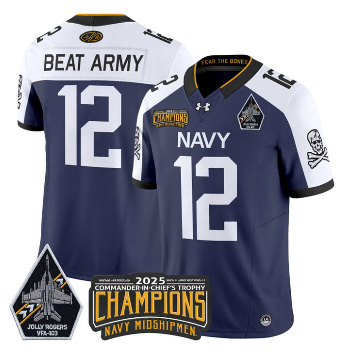 Beat Army Jersey #12 Navy Midshipmen Jolly Rogers 2025 Trophy Stitched Navy Alternate