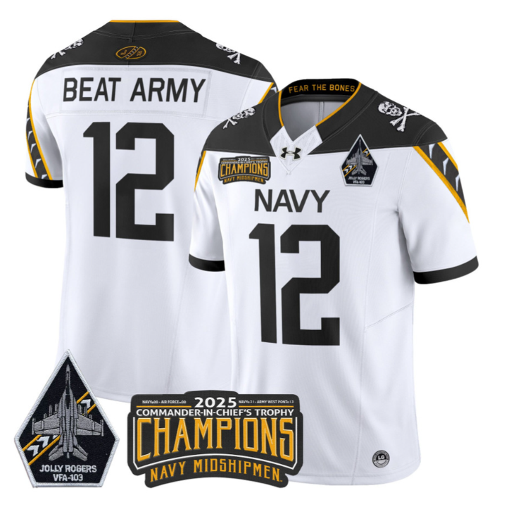 Beat Army Jersey #12 Navy Midshipmen Jolly Rogers 2025 Trophy Stitched White