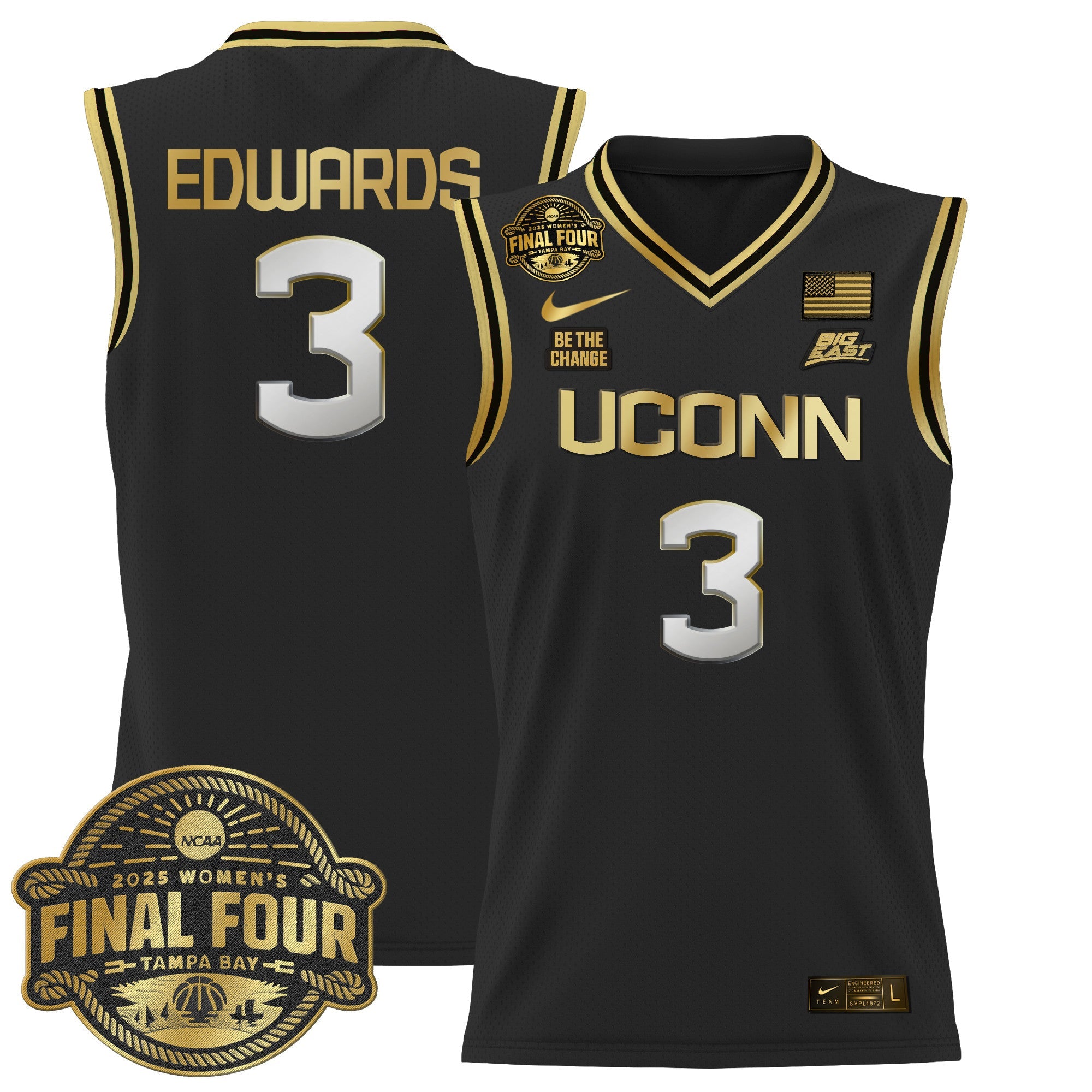 Aaliyah Edwards Jersey #3 UConn Huskies 2025 Big Eat Final Four Patch Black Gold