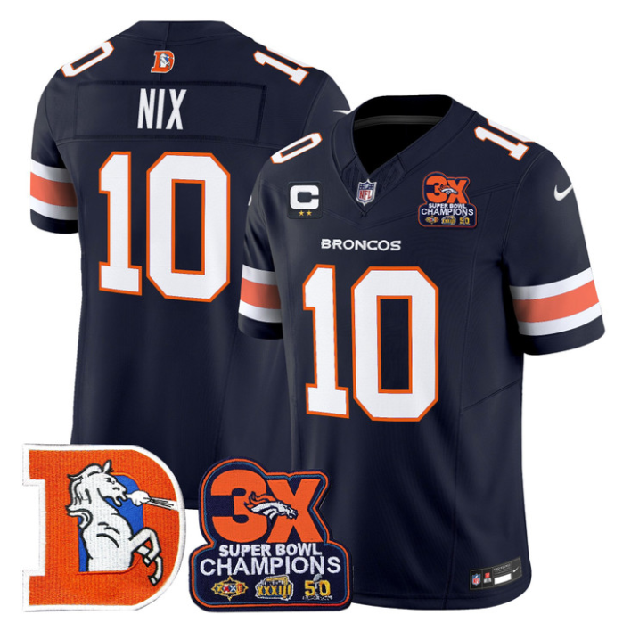 Bo Nix Jersey #10 Throwback Vapor 3-Time Champions Patch Stitched Navy