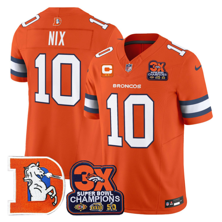 Bo Nix Jersey #10 Throwback Vapor 3-Time Champions Patch Stitched Orange