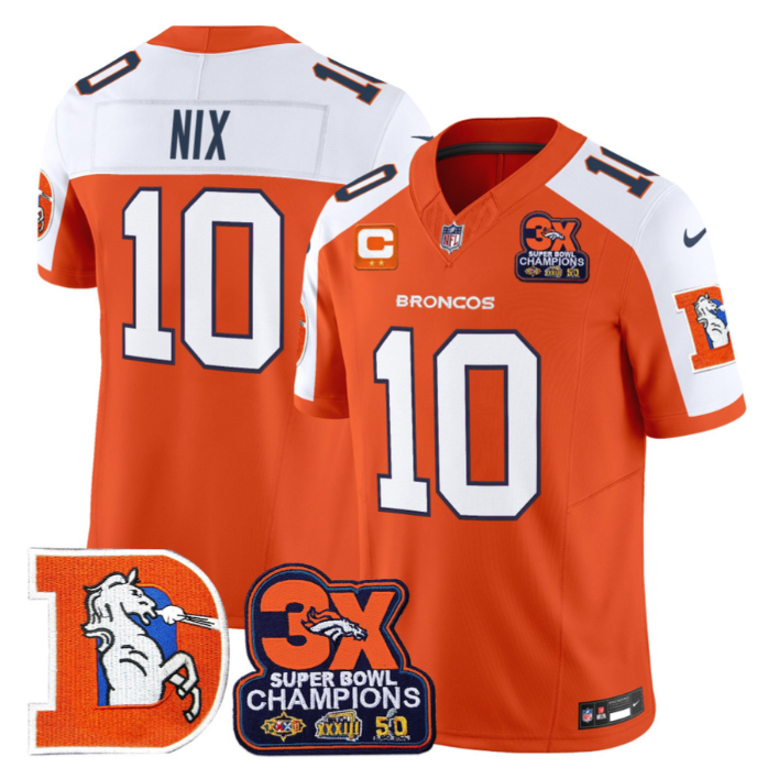 Bo Nix Jersey #10 Throwback Vapor 3-Time Champions Patch Stitched Orange Alternate