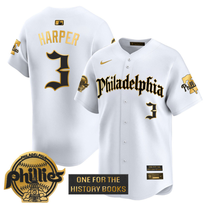 Bryce Harper Jersey #3 Phillies Retro Newspaper Edition Gold Vapor Premier Stitched White Gold