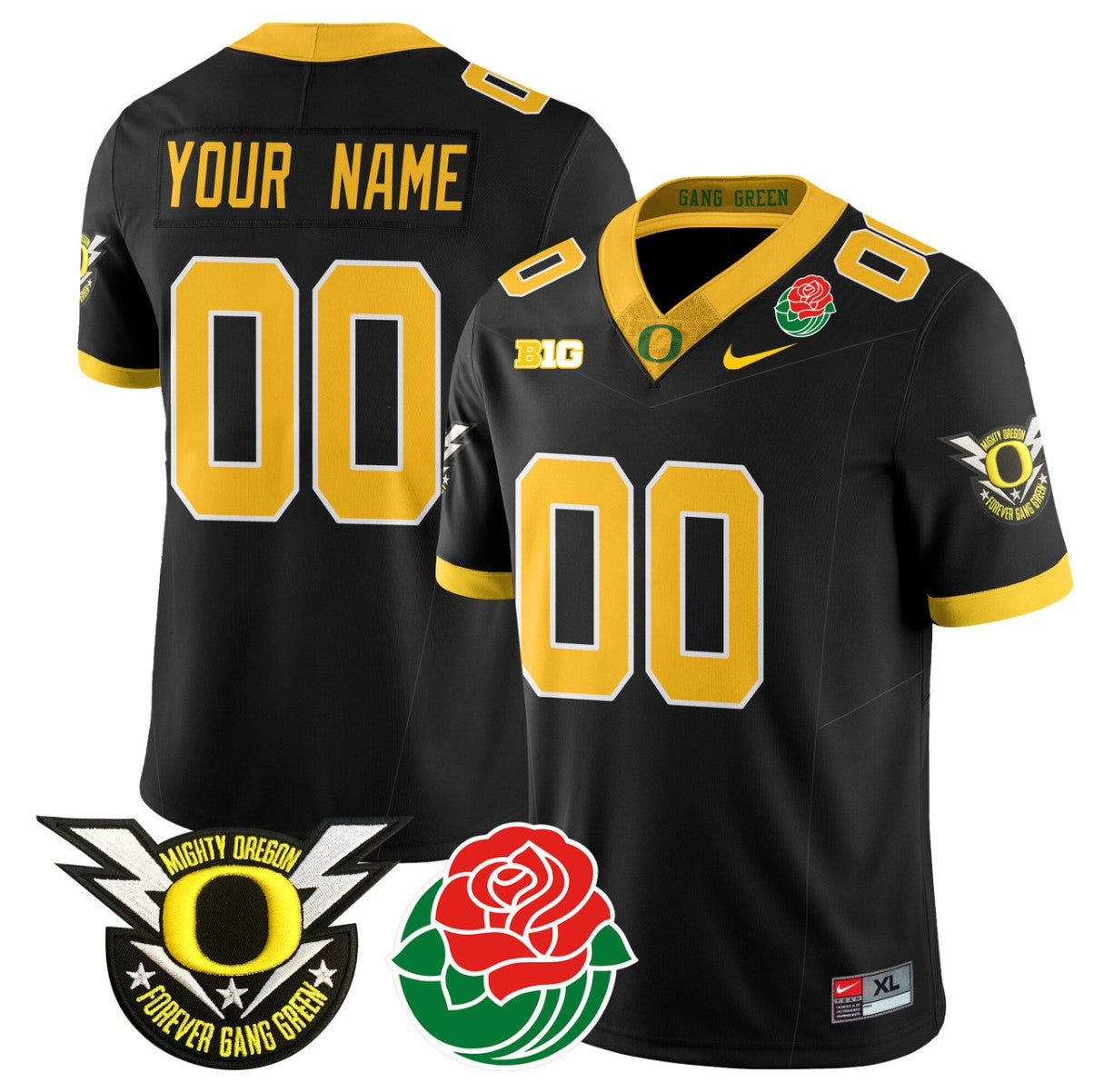 Custom Oregon Ducks Jersey Name, Number 2024 Rose Bowl Patch N2 Black