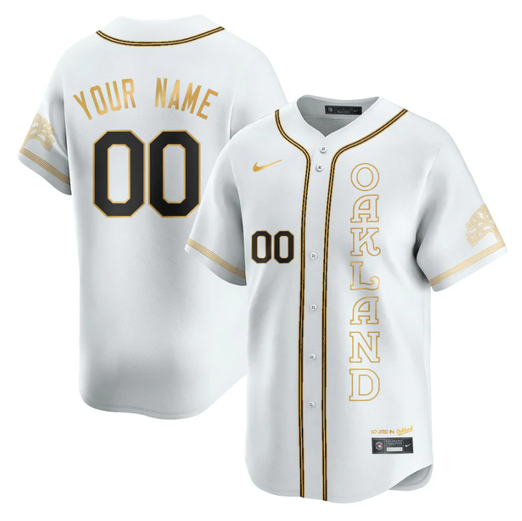 Custom Oakland Athletics Jersey Name, Number City Connect Concept Stitched White Gold
