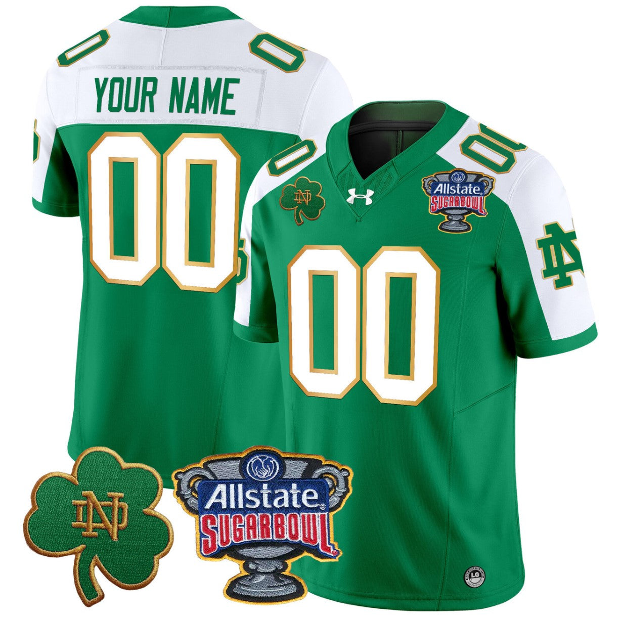 Custom Notre Dame Jersey Name, Number 2024 Sugar Bowl Patch V2 Green Alternate