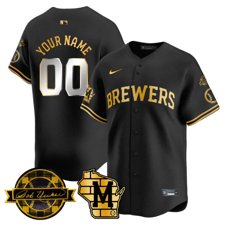 Custom Milwaukee Brewers Jersey Name, Number 2025 Limited Bob Uecker Patch Stitched Black Gold