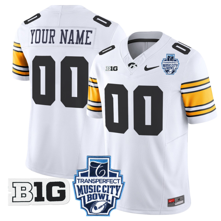 Custom Iowa Hawkeyes Jersey 2024 Music City Bowl Patch Stitched White