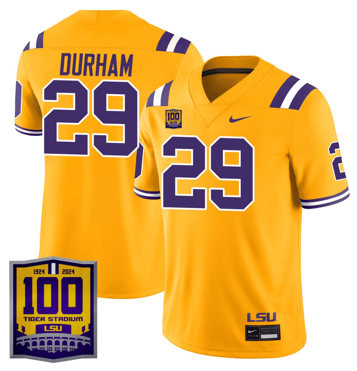 Caden Durham Jersey #29 LSU Tigers 100 Years of Tiger Stadium Patch White