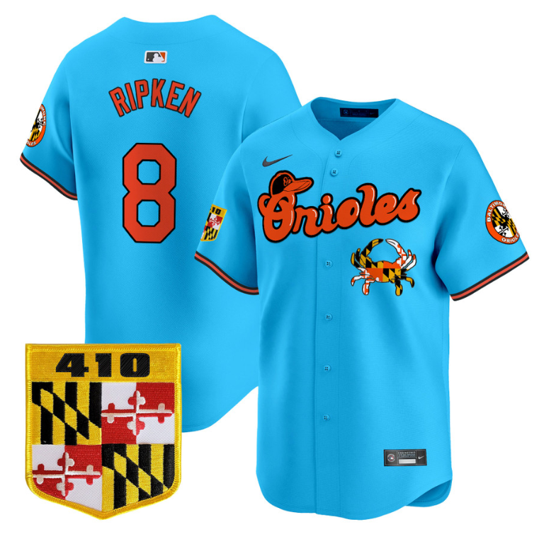 Cal Ripken Jersey #8 Baltimore Orioles 410 & Chesapeake Crab Patch Limited Stitched Light Blue