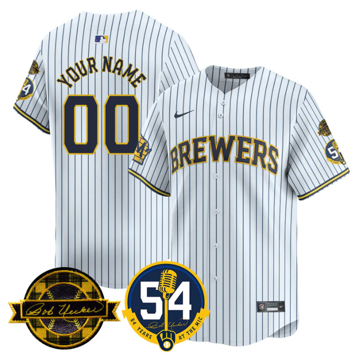 Custom Milwaukee Brewers Jersey 2025 Bob Uecker, 54 Seasons for Brewers Stitched White
