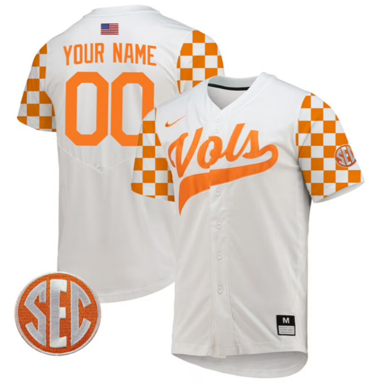 Custom Tennessee Vols Jersey College Baseball “Checkerboard” White SEC Patch