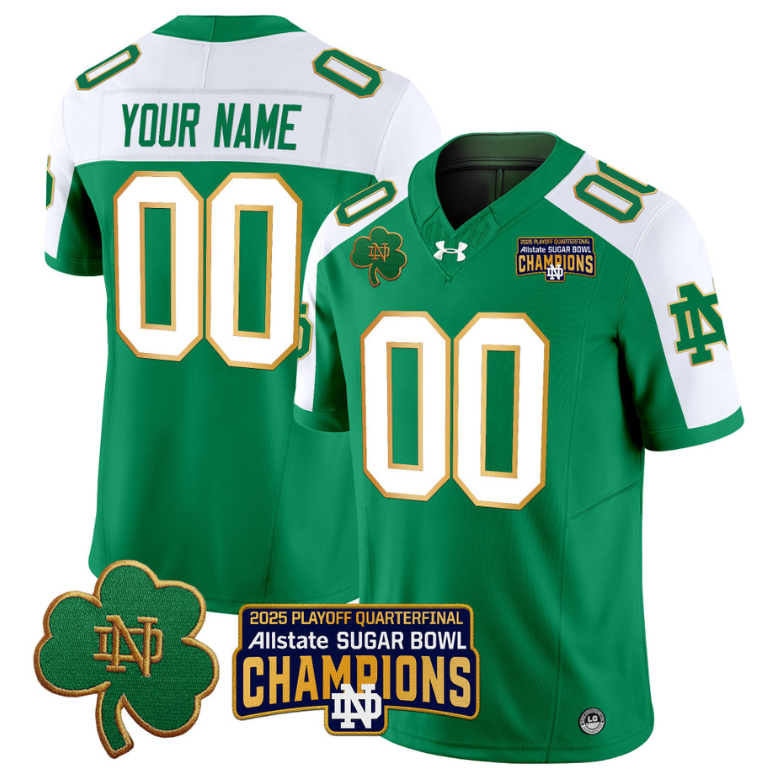 Custom Notre Dame Jersey 2025 Playoff Sugar Bowl Champions Green Alternate