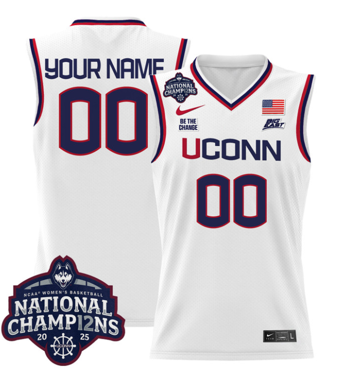 Custom UConn Huskies Jersey  2025 National Champions Patch Stitched White
