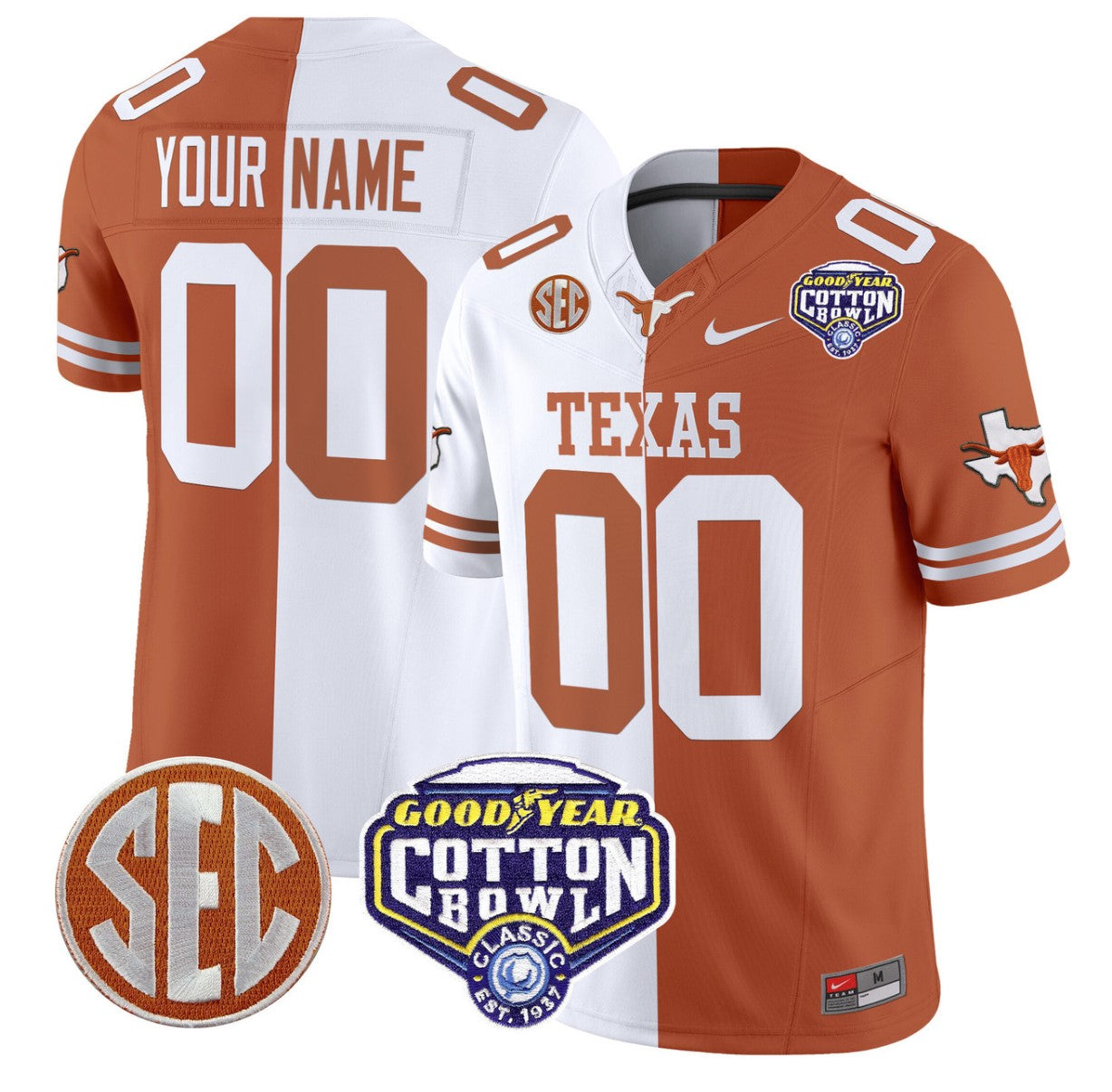 Custom Texas Longhorns Jersey Name, Number Cotton Bowl Patch Stitched Split