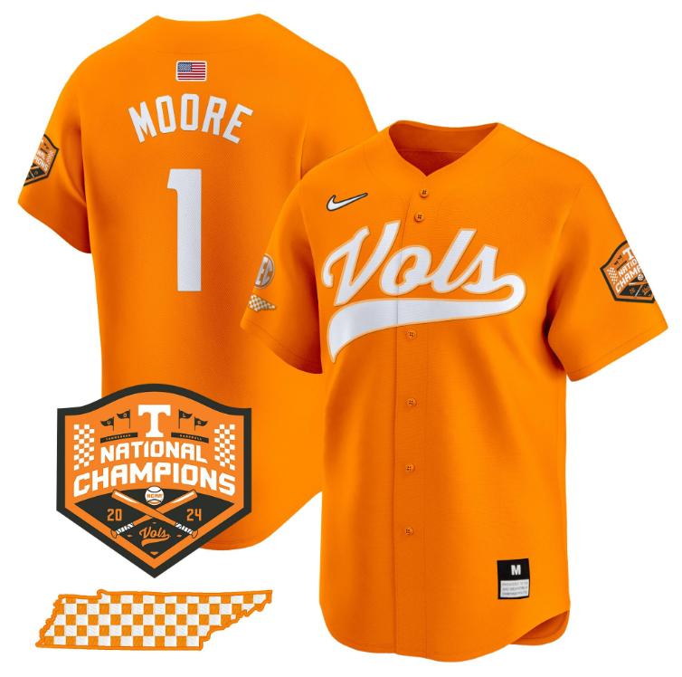 Christian Moore Jersey #1 Tennessee Volunteers Baseball 2024 Champions Vapor Premier Limited  Orange