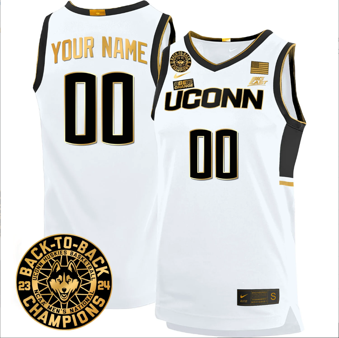 Custom UConn Huskies Basketball Jersey 2024 Back To Back Champions Patch White Gold