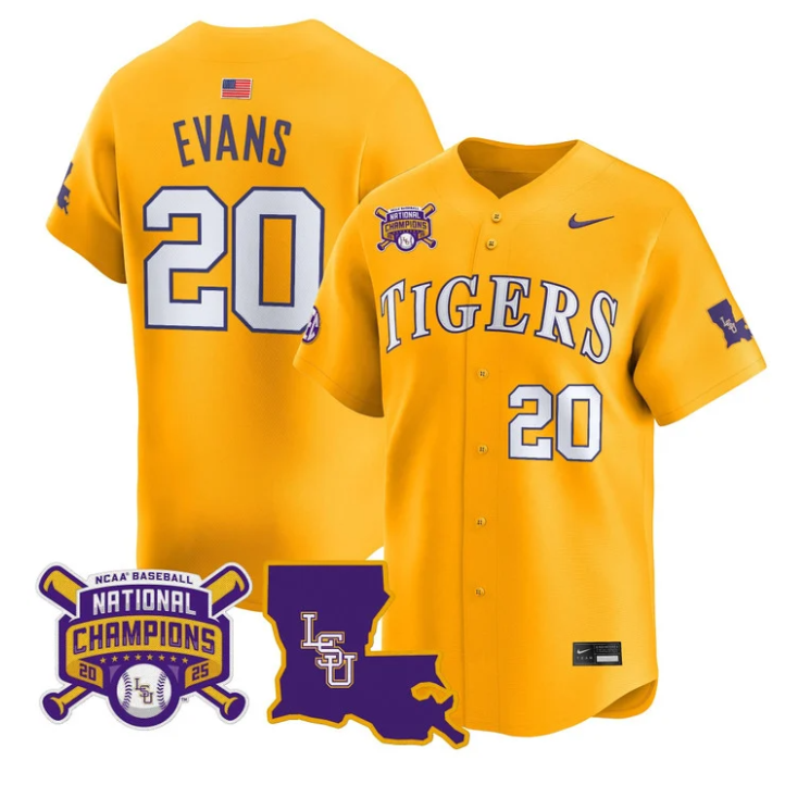 Casan Evans Jersey #20 LSU Tigers 2025 World Series Champions Stitched Gold