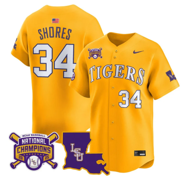 Chase Shores Jersey #34 LSU Tigers 2025 World Series Champions Stitched Gold
