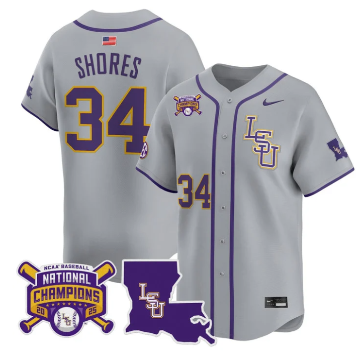 Chase Shores Jersey #34 LSU Tigers 2025 World Series Champions Stitched Gray