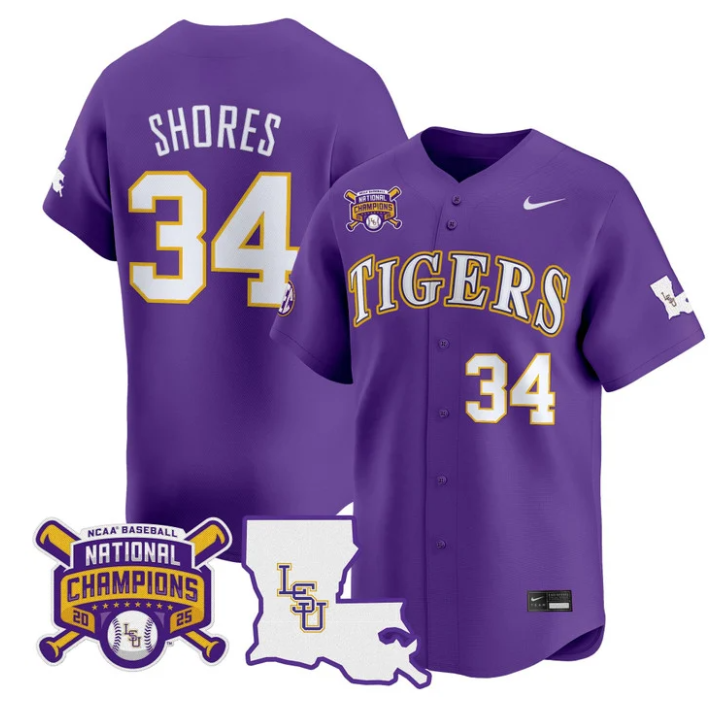 Chase Shores Jersey #34 LSU Tigers 2025 World Series Champions Stitched Purple