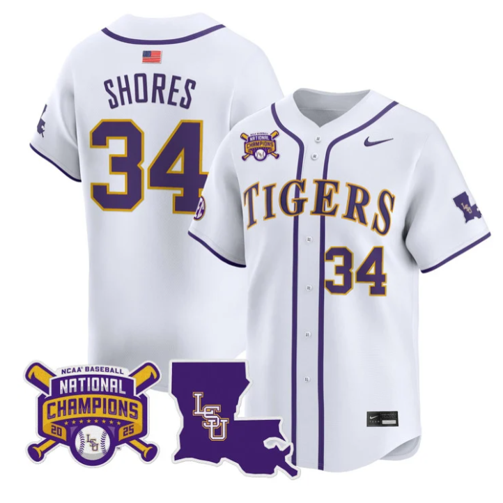 Chase Shores Jersey #34 LSU Tigers 2025 World Series Champions Stitched White