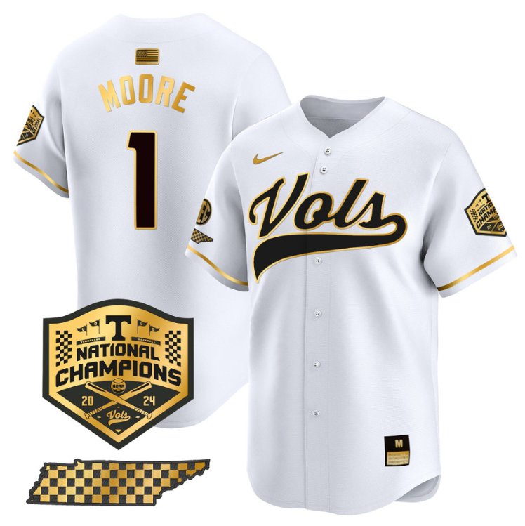 Christian Moore Jersey #1 Tennessee Vols 2024 Champions Stitched White Gold