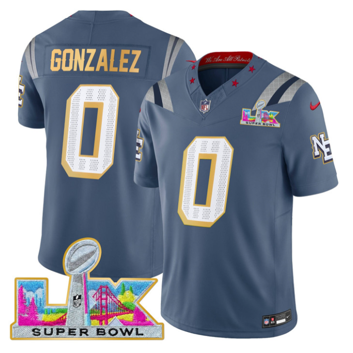 Christian Gonzalez Jersey #0 Patriots Super Bowl LX Gold Trim Stitched