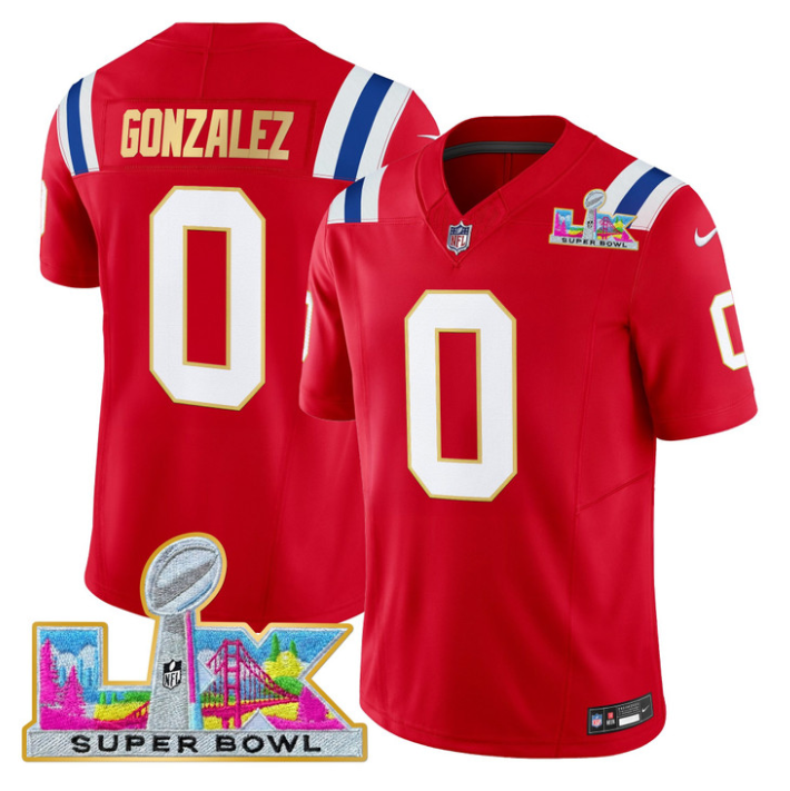 Christian Gonzalez Jersey #0 Patriots Super Bowl LX Gold Trim Stitched