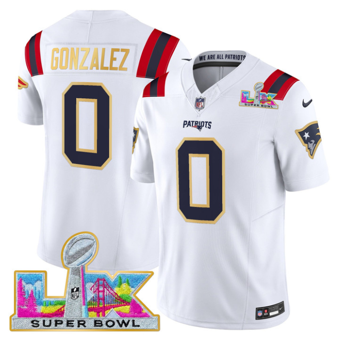 Christian Gonzalez Jersey #0 Patriots Super Bowl LX Gold Trim Stitched