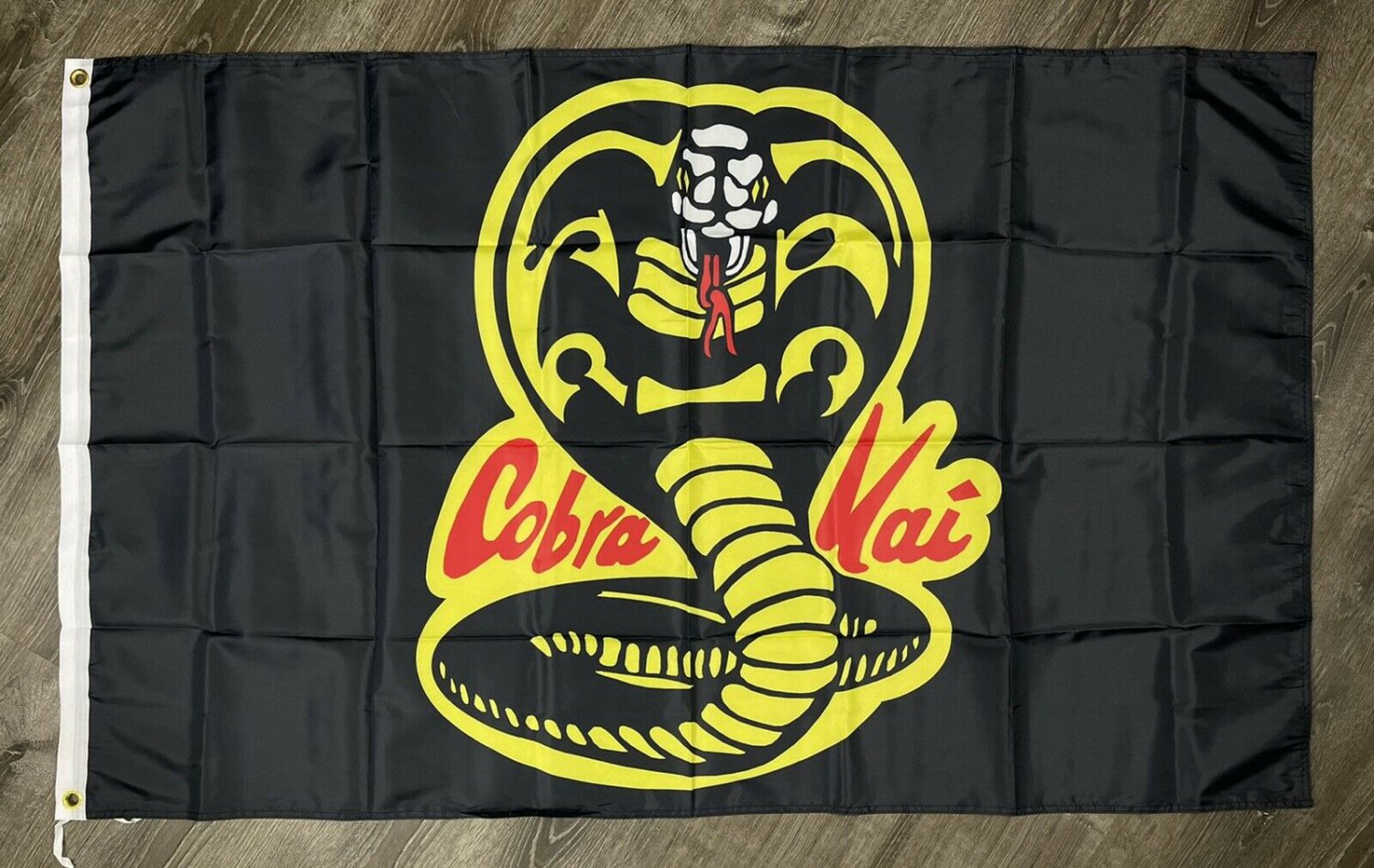Cobra Kai Strike First Karate Kid Flag 3x5 Black Movie Banner Man-Cave Garage