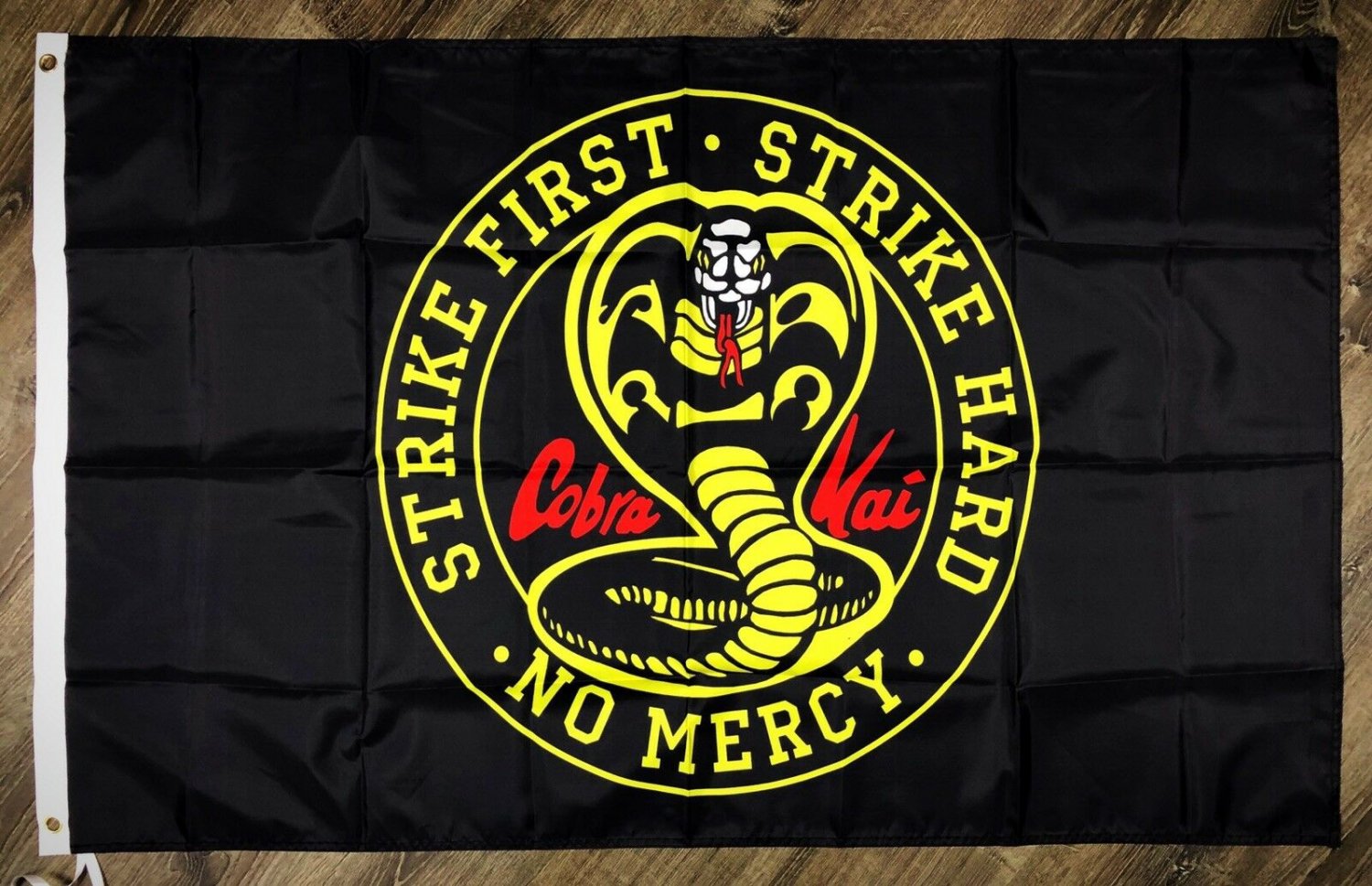 Cobra Kai Strike First Karate Kid Flag 3x5 ft Black Movie Banner Man-Cave Garage