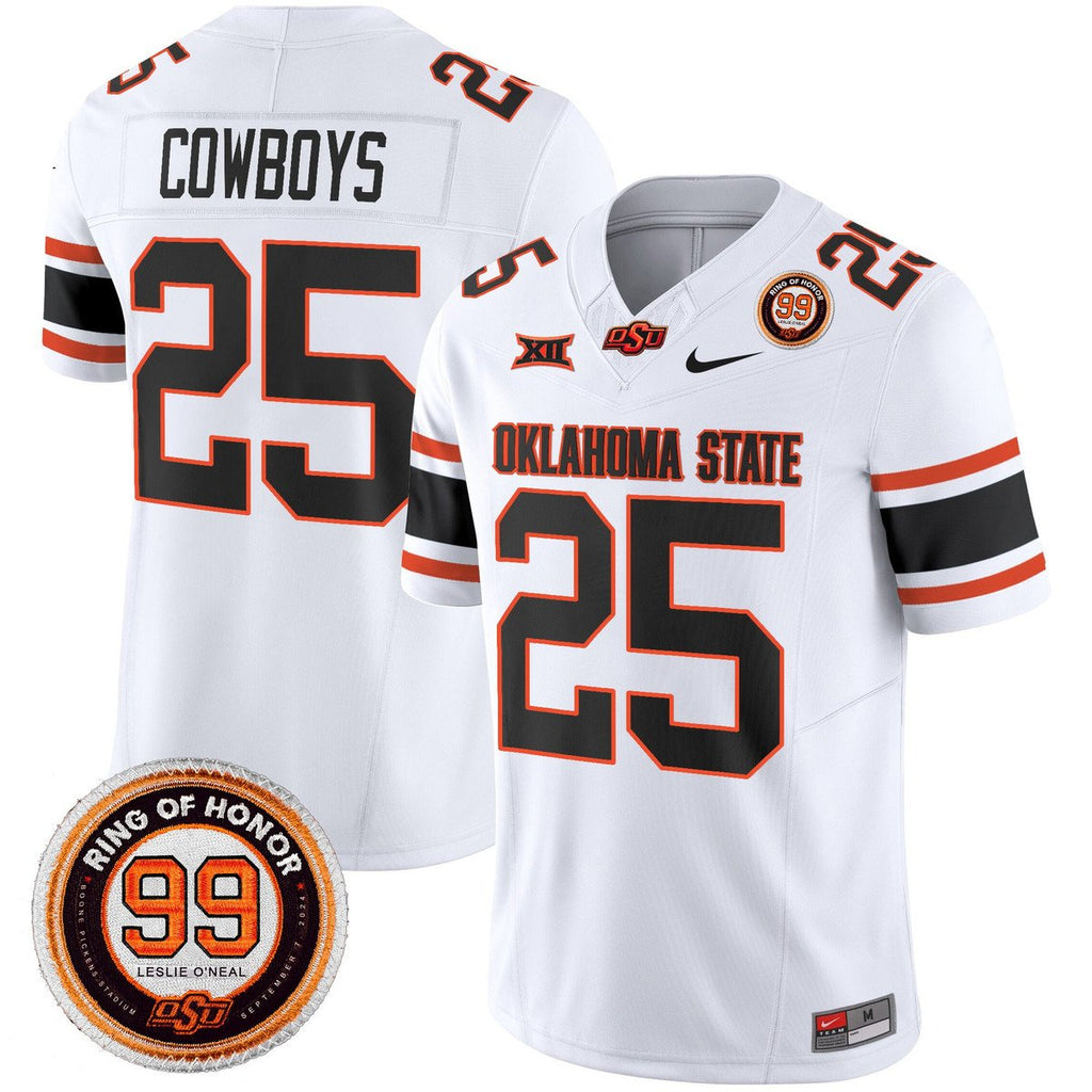 Cowboys Jersey #25 Oklahoma State Cowboys 2025 Leslie O'neal Patch White