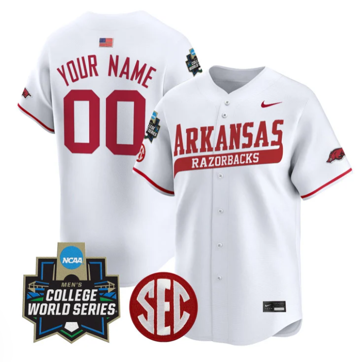 Custom Arkansas Razorbacks Jersey 2025 World Series Stitched White
