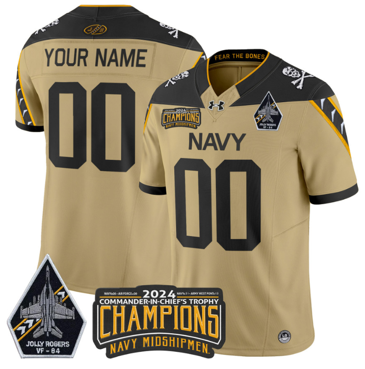 Custom Navy Midshipmen Jersey 2024 Jolly Rogers Champions Patch Gold