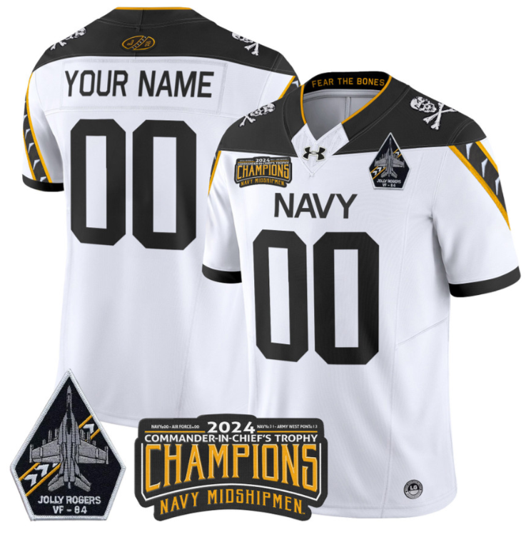 Custom Navy Midshipmen Jersey 2024 Jolly Rogers Champions Patch White