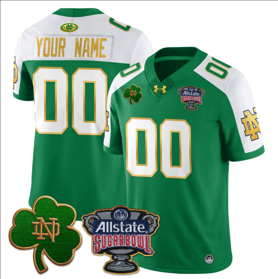 Custom Notre Dame Fighting Irish Jersey Name, Number Allstate Sugar Bowl Green