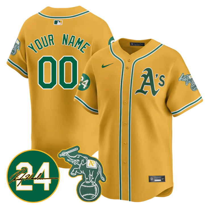 Custom Oakland Athletics Jersey 2025 Rickey Henderson Memorial Stitched Yellow