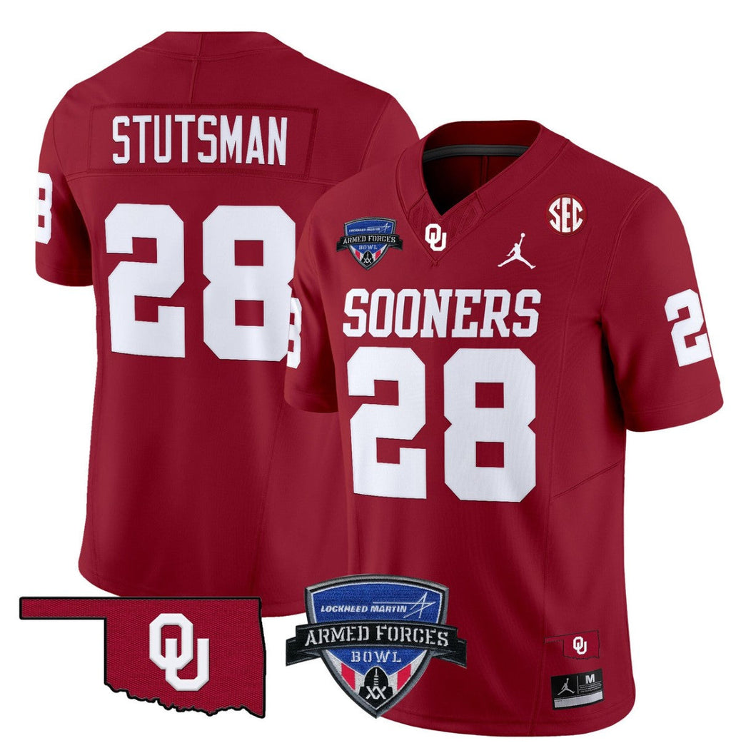Danny Stutsman Jersey #28 Oklahoma Sooners 2025 Armed Forces Bowl Patch Red