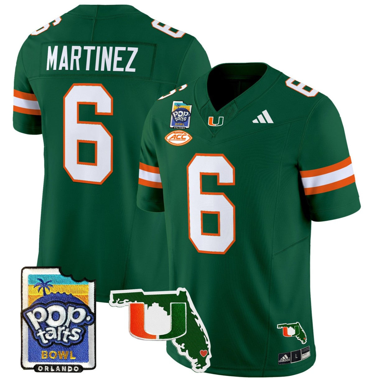 Damien Martinez Jersey #6 Miami Hurricanes 2025 PopTarts Bowl Patch Green