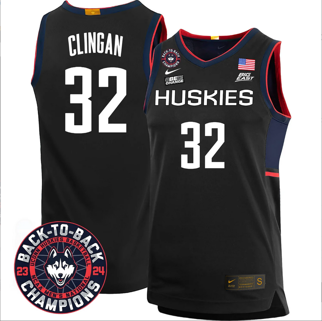 Donovan Clingan Jersey #32 UConn Huskies Basketball 2024 Back To Back Champions Patch Black