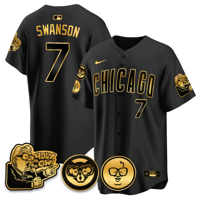 Dansby Swanson Jersey #7 Chicago Cubs Harry Caray Holy Cow Patch Premier Limited Stitched Black Gold