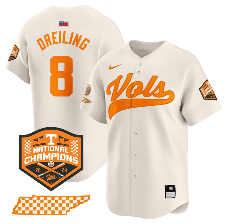 Dylan Dreiling Jersey #8 Tennessee Volunteers Baseball 2024 Champions Vapor Premier Limited  Cream