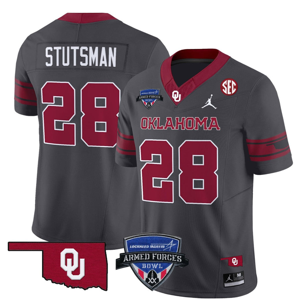 Danny Stutsman Jersey #28 Oklahoma Sooners 2025 Armed Forces Bowl Patch Anthracite