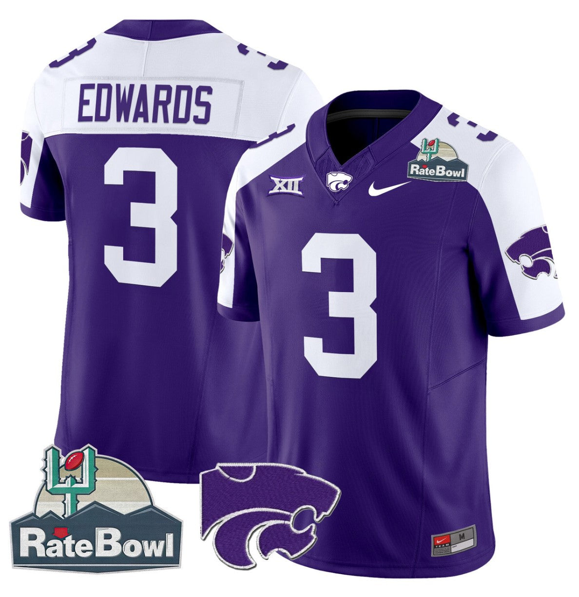 Dylan Edwards Jersey #3 Kansas State Wildcats 2025 Rate Bowl Patch Purple Alternate
